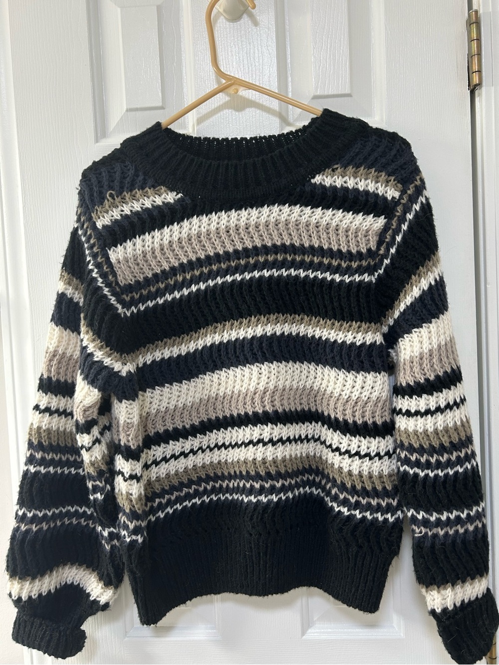 Striped Black, White & Tan Cozy Knit Women’s Sweater